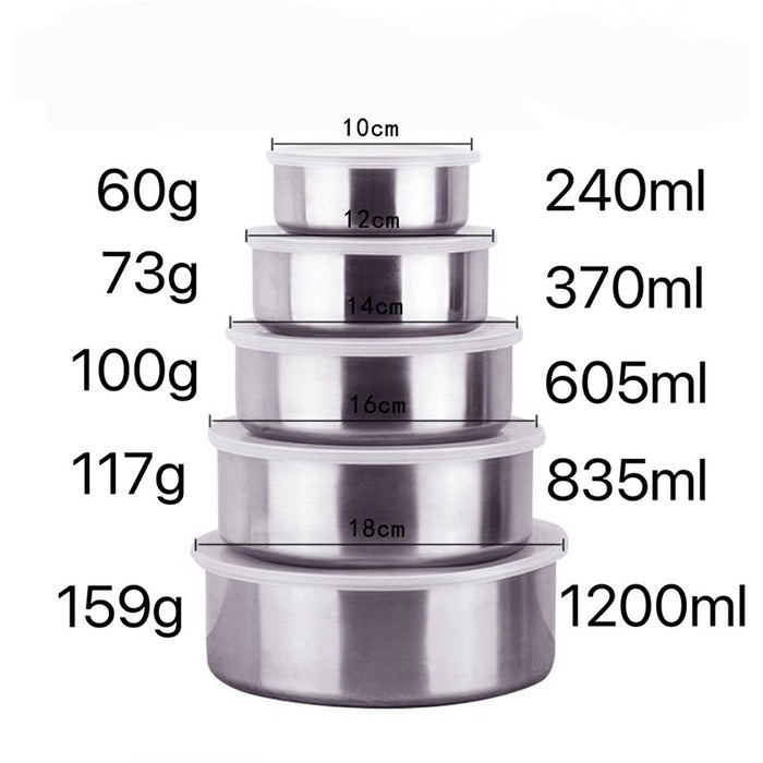 Juego de 5 recipientes de acero inoxidable y PP para alimentos