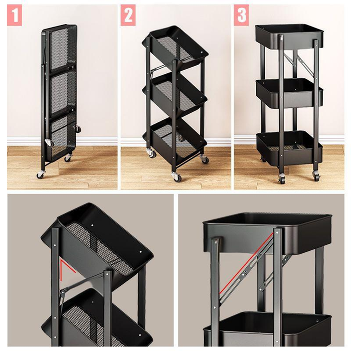 Carrello Portaoggetti Pieghevole a 3 Ripiani