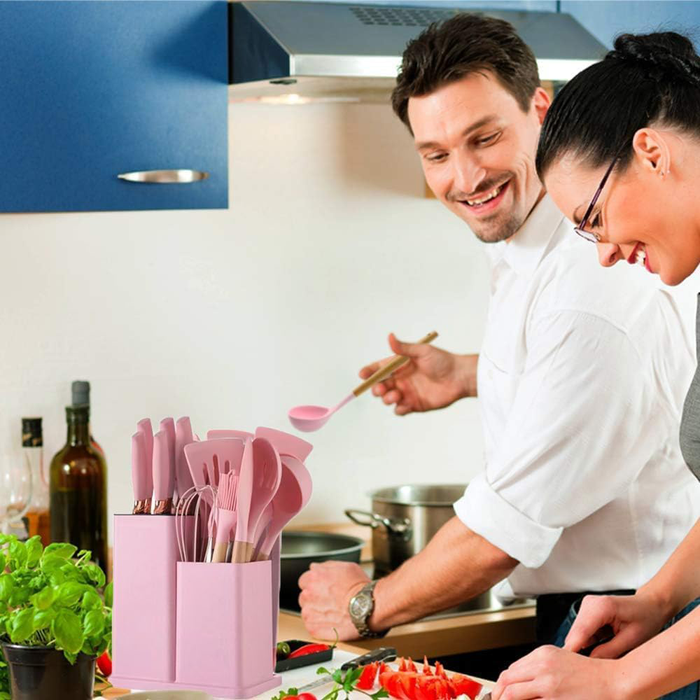 Juego de 19 utensilios de cocina de silicona con cuchillos para chef
