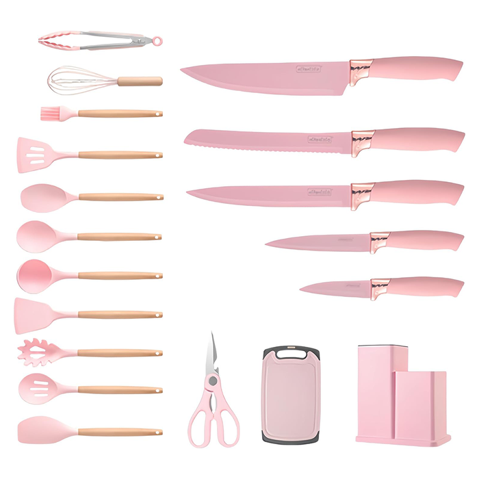 Juego de 19 utensilios de cocina de silicona con cuchillos para chef
