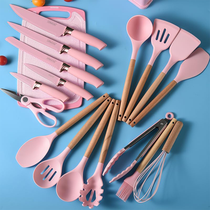 Juego de 19 utensilios de cocina de silicona con cuchillos para chef