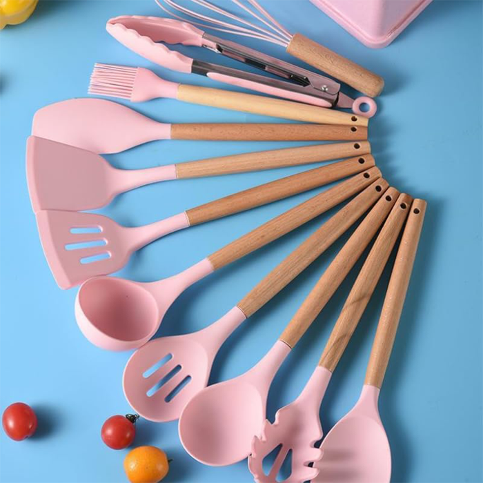 Juego de 19 utensilios de cocina de silicona con cuchillos para chef