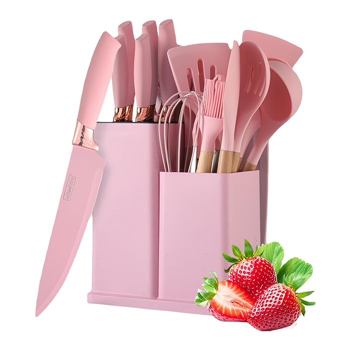 Juego de 19 utensilios de cocina de silicona con cuchillos para chef