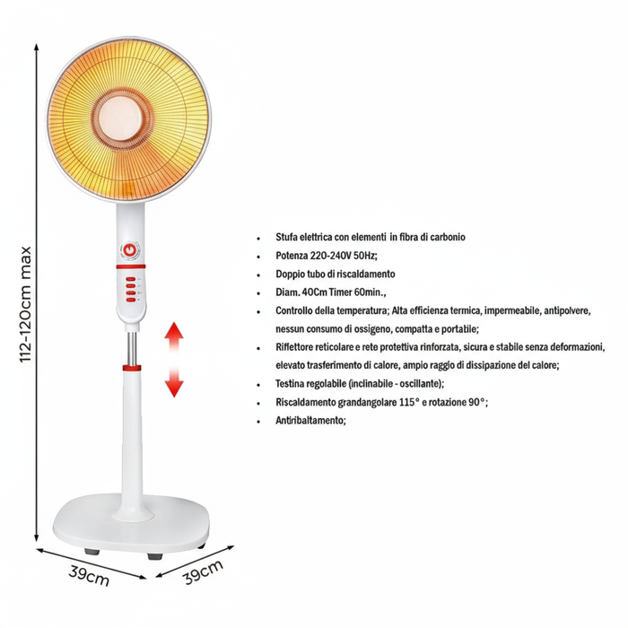 Stufa a Parabola in Fibra di Carbonio 1000W – Altezza Regolabile e Oscillazione Automatica