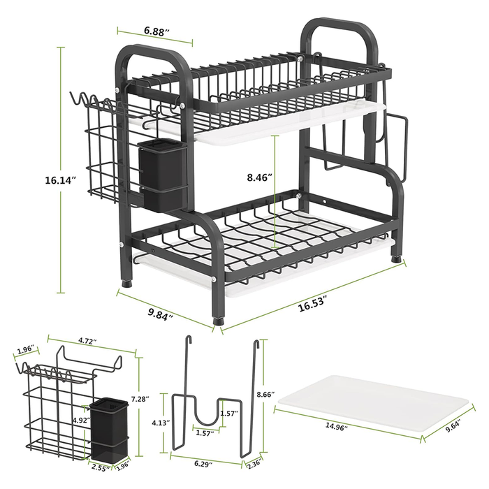 Escurreplatos de acero de 2 niveles que ahorra espacio con soporte para utensilios