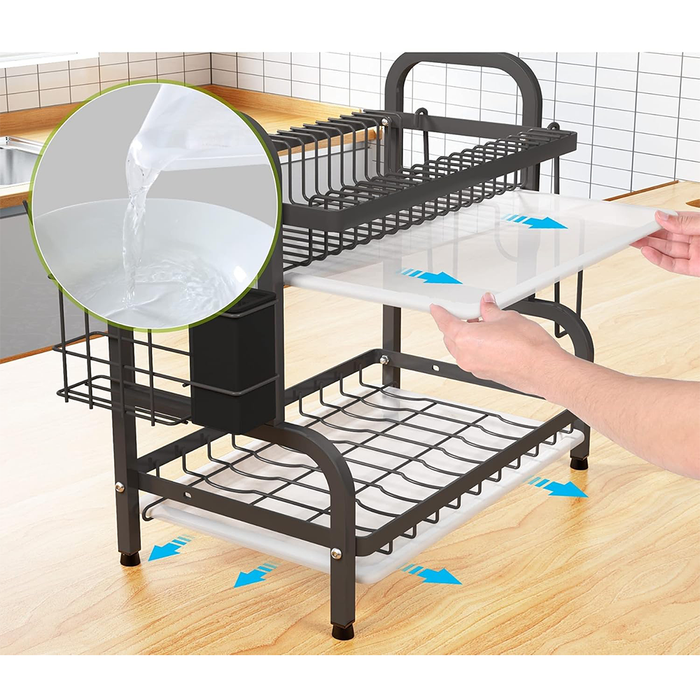 Escurreplatos de acero de 2 niveles que ahorra espacio con soporte para utensilios