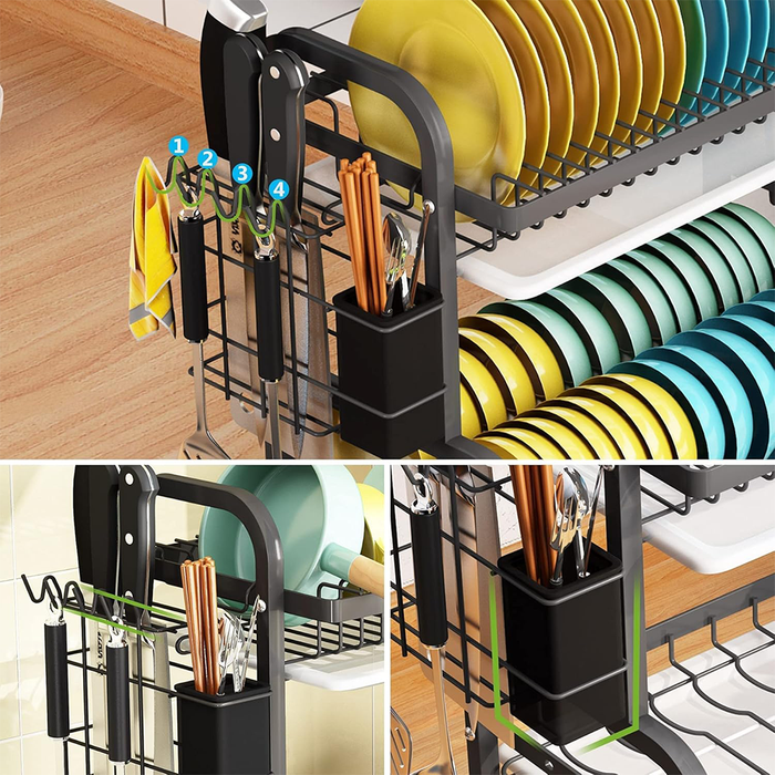 Escurreplatos de acero de 2 niveles que ahorra espacio con soporte para utensilios