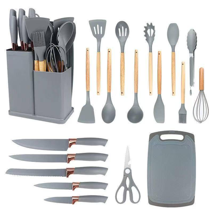Juego de 19 utensilios de cocina de silicona con cuchillos para chef