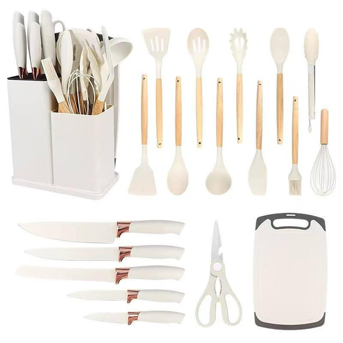 Juego de 19 utensilios de cocina de silicona con cuchillos para chef