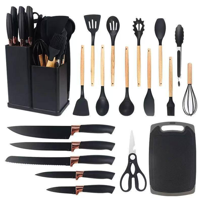 Juego de 19 utensilios de cocina de silicona con cuchillos para chef