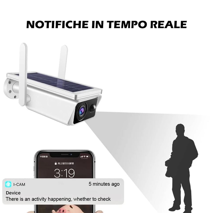 Telecamera di Sicurezza Solare IP66 con Visione Notturna e Rilevamento Movimento