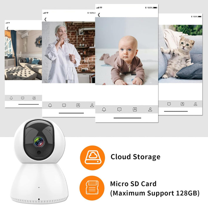 Telecamera di sorveglianza interna con microfono e speaker per audio bidirezionale e comunicazione in tempo reale. 