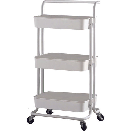 Carrello portatutto bianco salvaspazio con 3 ripiani capienti e ruote scorrevoli, vista prodotto. 