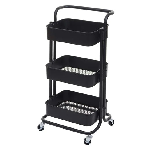 Carrello portatutto con 3 ripiani e ruote, variante colore nero, vista prodotto.