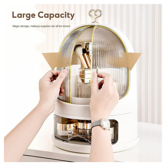 portatrucchi elegante con manico integrato e cupola protettiva antipolvere