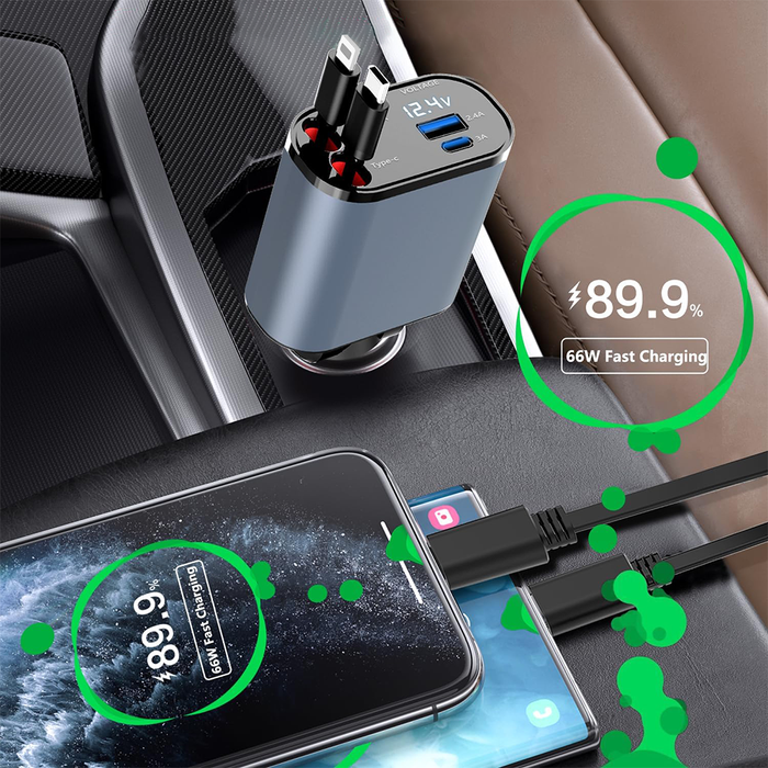 Caricatore Auto Retrattile 4 in 1 con Cavi Integrati Type-C e Lightning