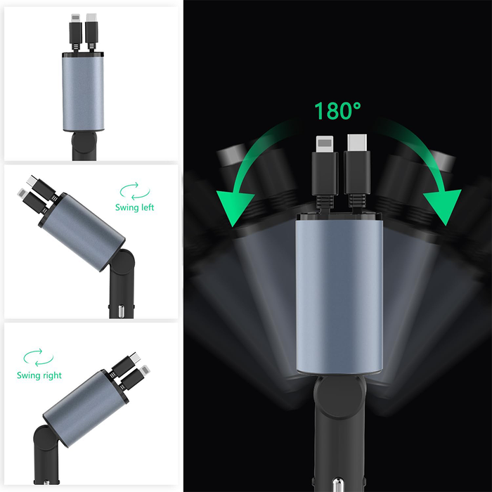 Caricatore Auto Retrattile 4 in 1 con Cavi Integrati Type-C e Lightning