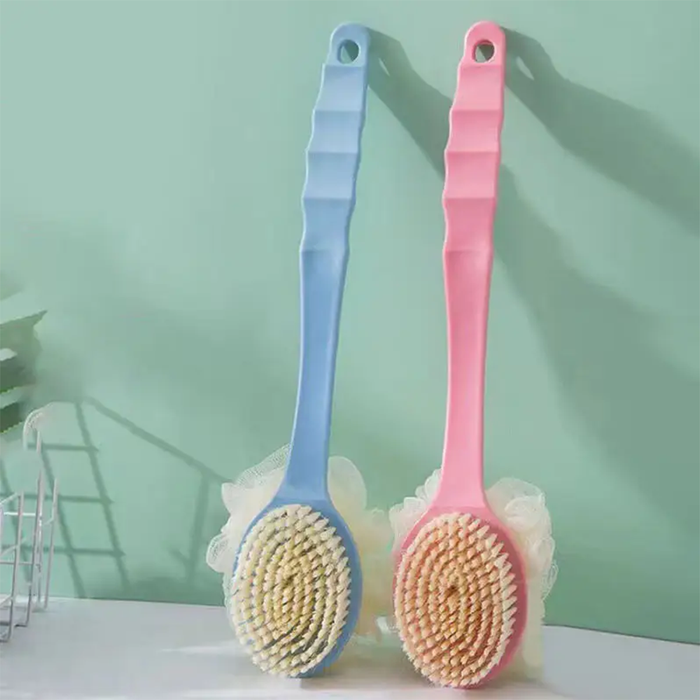 Cepillo de baño de mango largo 2 en 1 y esponja exfoliante