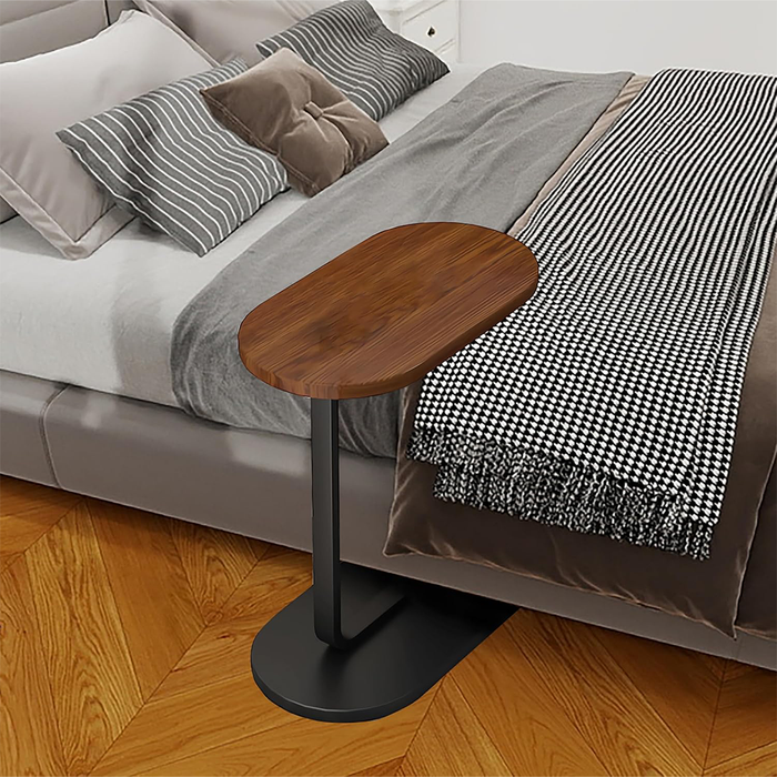 Tavolino Laterale a Forma di C in Legno per Divano e Letto