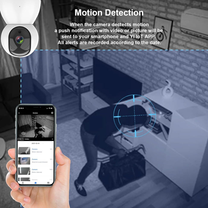 Telecamera WiFi interno con visione notturna a infrarossi (IR) fino a 9 metri per ambienti bui.