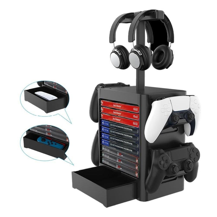 Estación de juego, auriculares, joystick